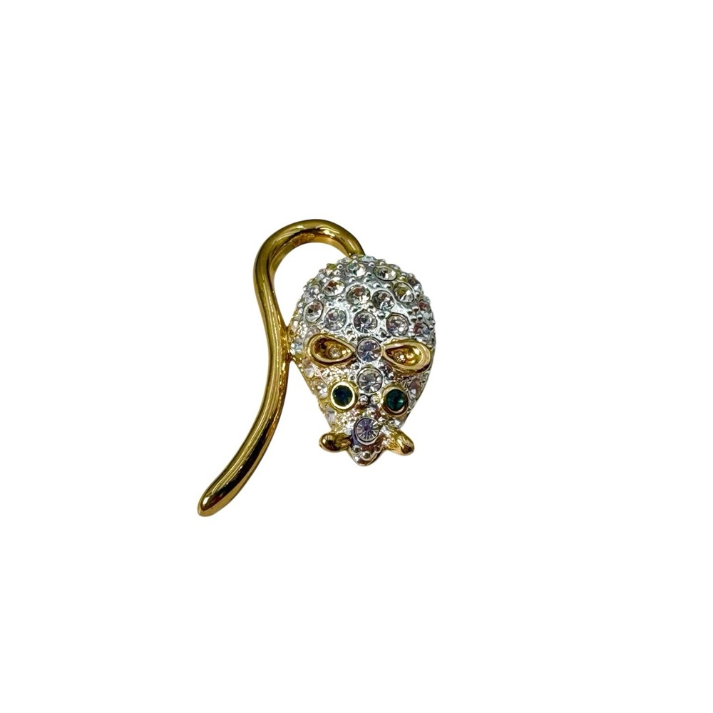 Vintage Gold Tone Green Eye Rhinestone Cute Baby Mouse Long Tail Brooch Pin